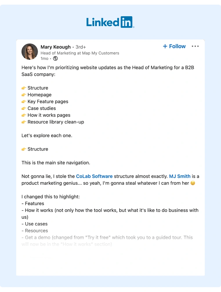 A Marketer shared on LinkedIn how her strategy is based and taken from another companys structure while adding a compliment to the original author