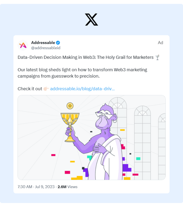 A Paid Ad on X from Addressable featuring one of their blog posts to help drive more page traffic