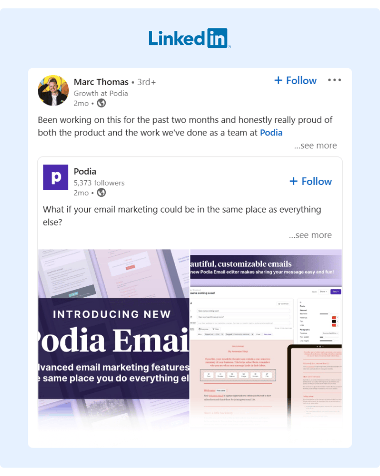 A Podia employee shared a company post in LinkedIn expressing how proud he feels of the tool features and the teamwork involved in developing said feature