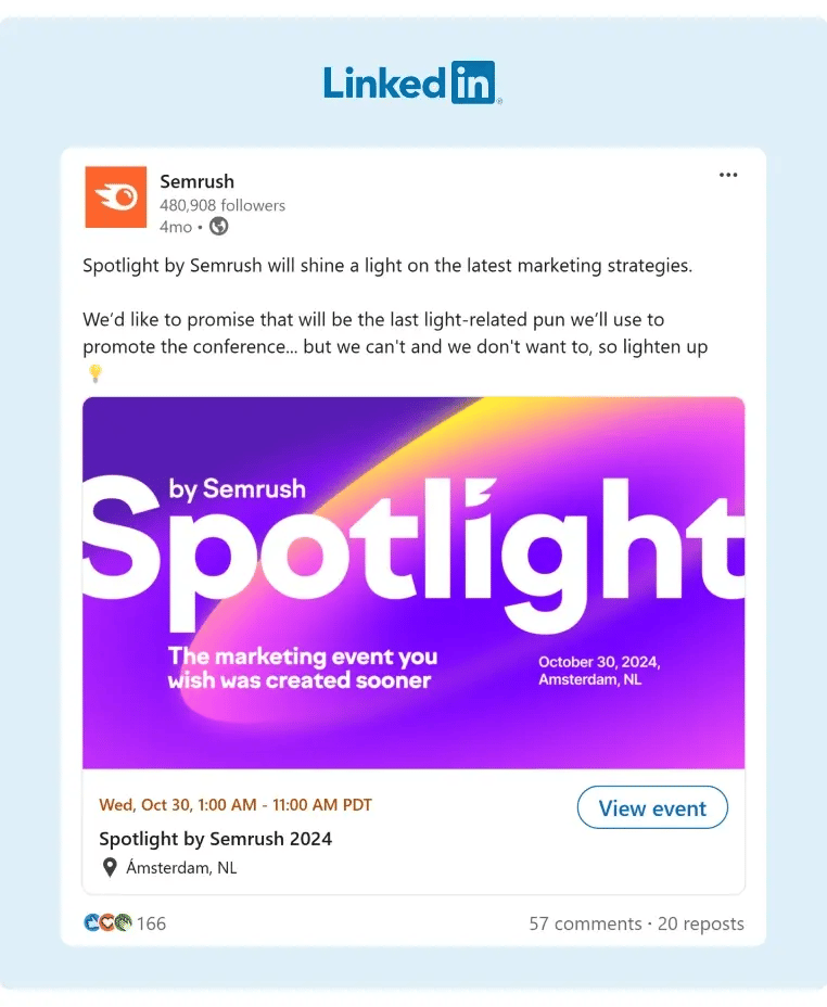 A SEMRush Spotlight event was announced using a funny caption