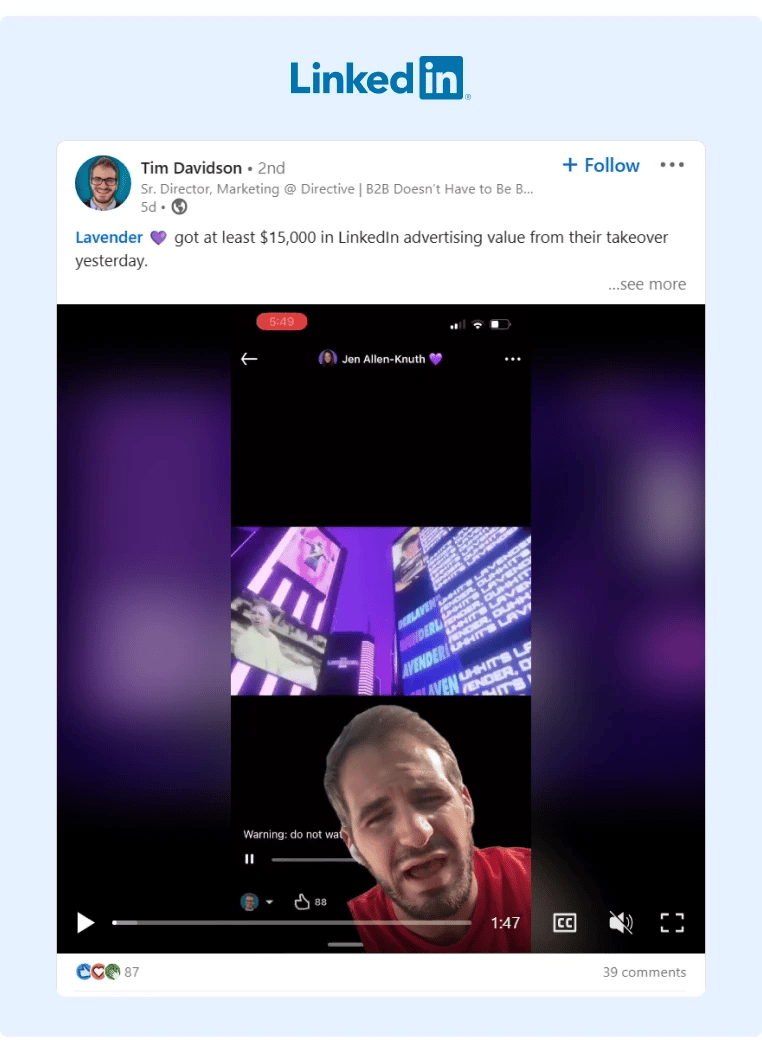 A Senior Marketing Director posted a video on his LinkedIn Profile estimating how much revenue Lavender earned from only resharing a single post