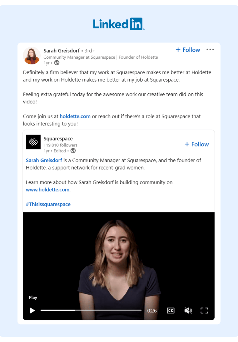 A Squarespace employee re-shared a company video post while also inviting her followers to join and apply for an open position