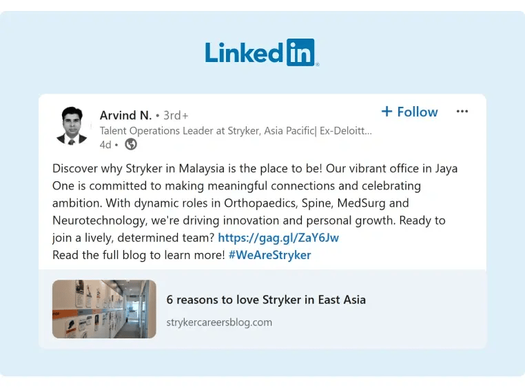 A Stryker employee shared a blog article describing the company culture