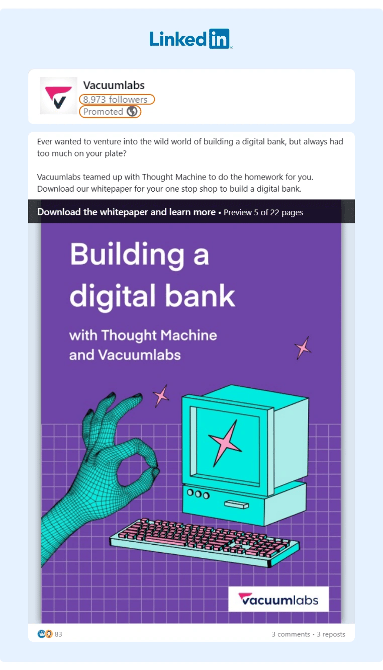 A Vacuumlabs ad on LinkedIn about how to build a digital bank using their whitepaper guide