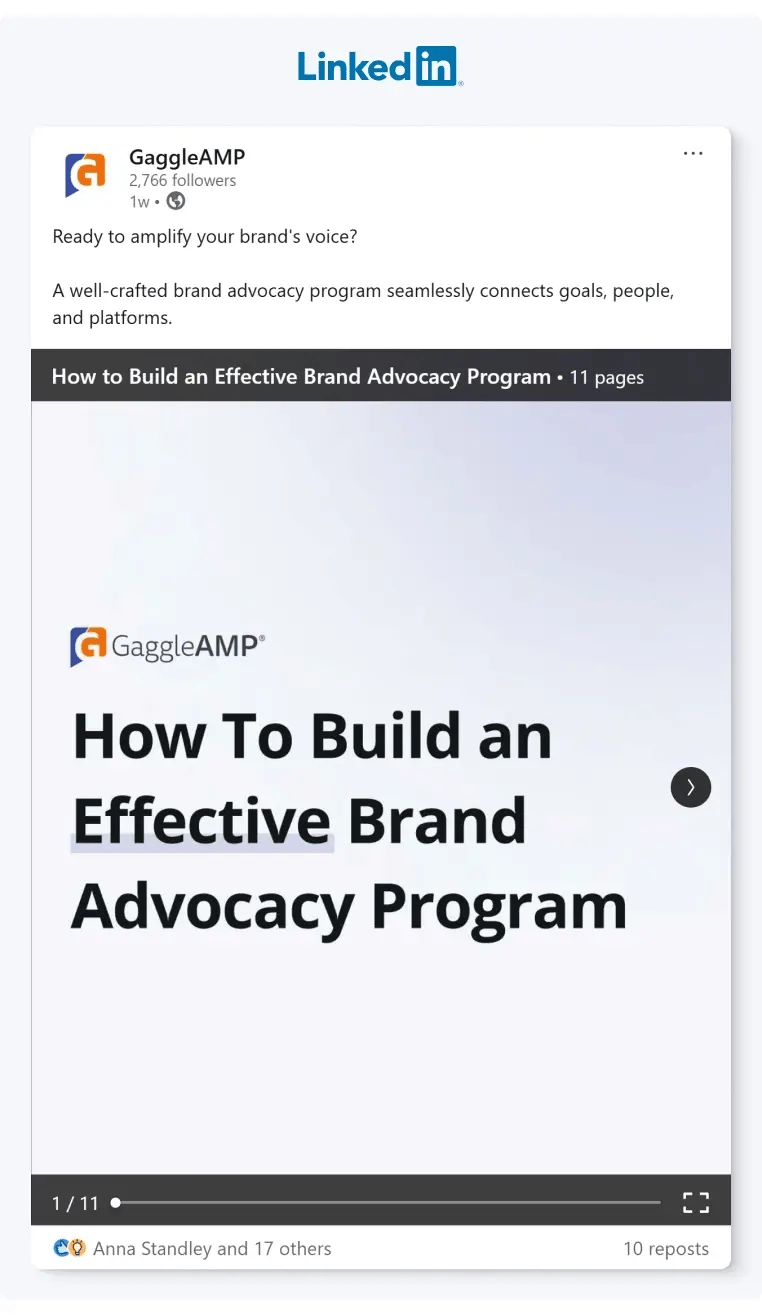 A carousel post shared by GaggleAMP providing guidance on how to build an effective brand advocacy program