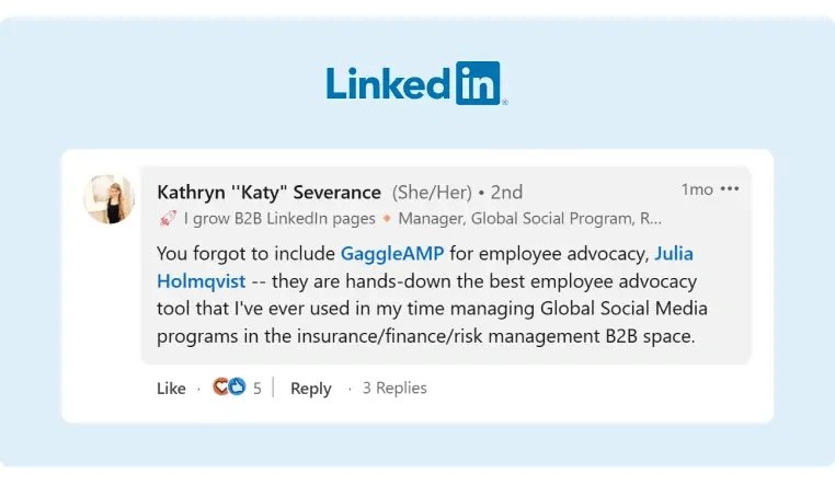 A comment on a LinkedIn post where GaggleAMP was recommended as the top employee advocacy solution