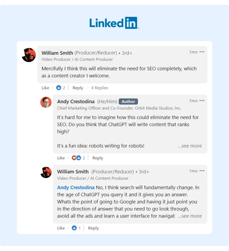 A comment thread on a LinkedIn post discussing about the need of AI and its compatibility with SEO