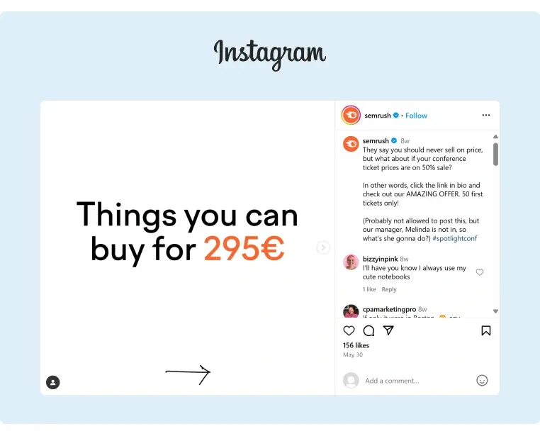 A creative Instagram post from SEMRush promoting a special offer to their conference