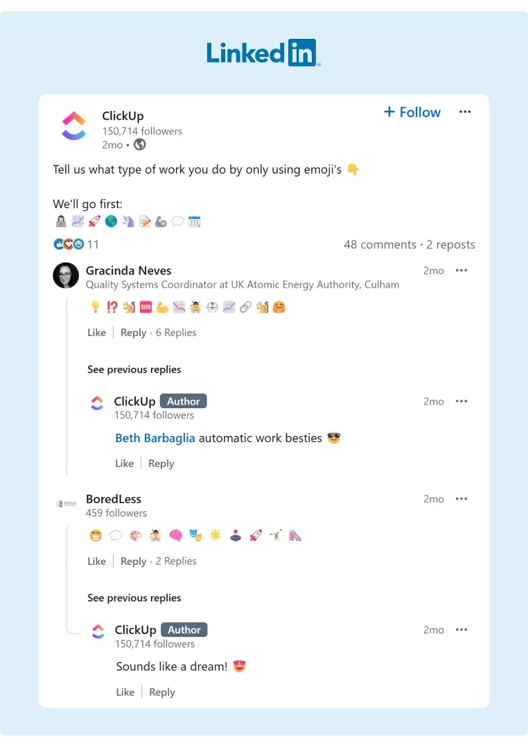 A fun LinkedIn post by ClickUp to interact with their audience through emojis