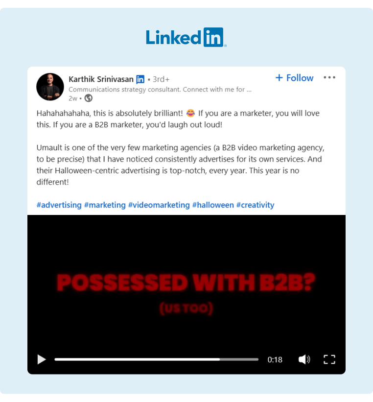 A funny video posted on LinkedIn about B2B Marketing with a spooky twist just in time for Halloween
