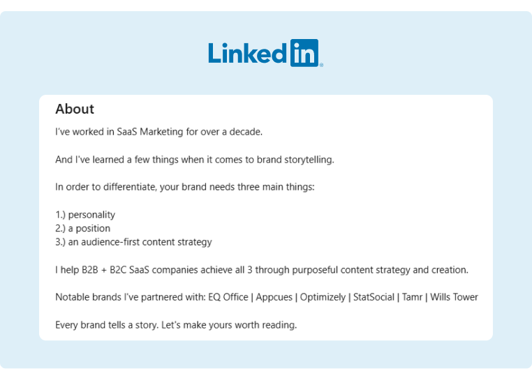 A good example of a compelling about section on a LinkedIn profile