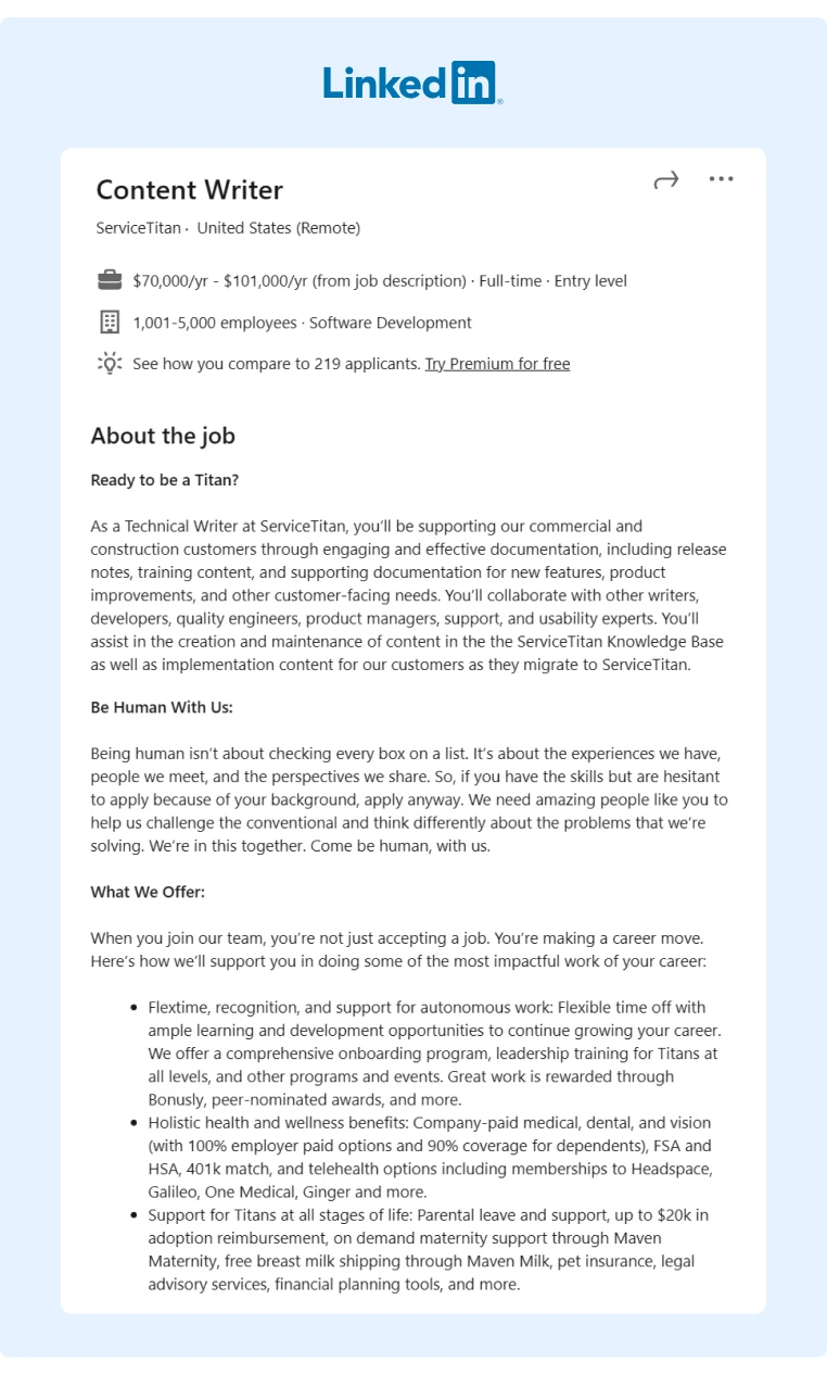 A great example of a transparent and specific job posting including the company culture and benefits