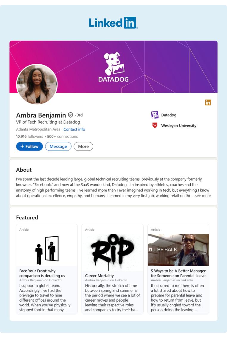 A great example of an optimized LinkedIn profile from an executive at Datadog