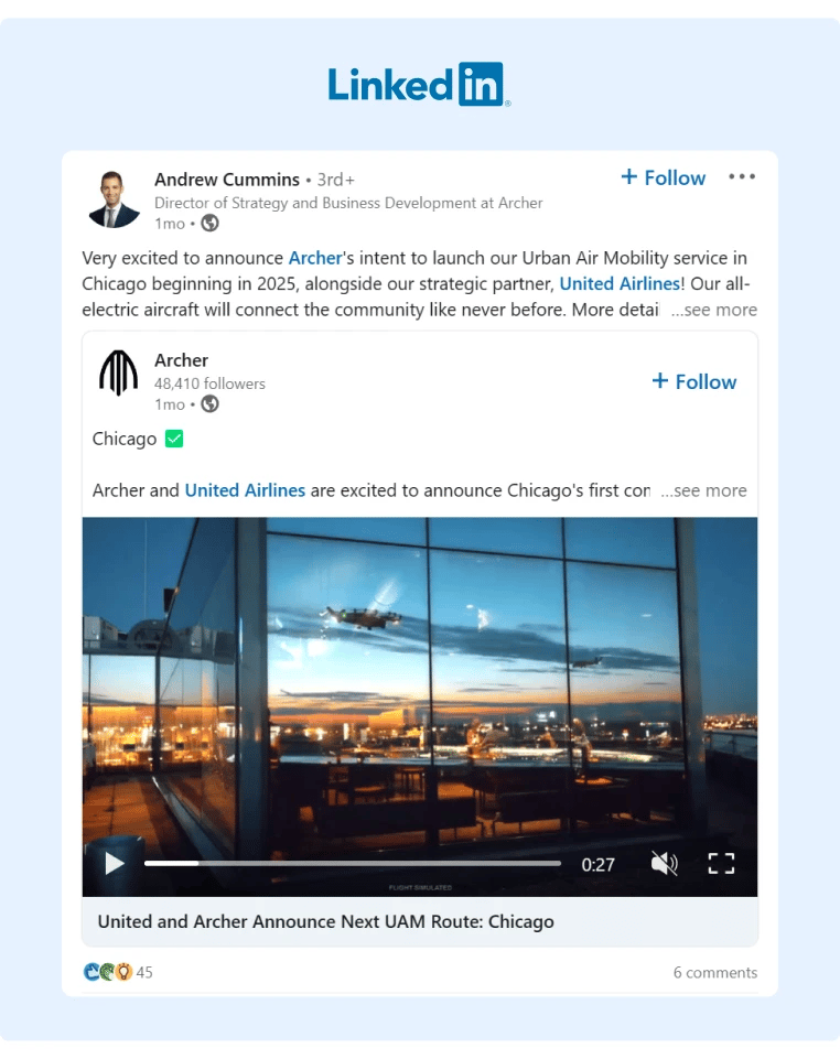 A great example of employee advocacy from an Archer employee who reposted a video from the company announcing a significant achievement