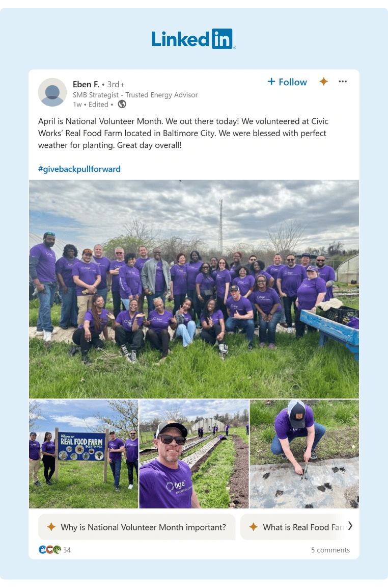 A group of employees at Baltimore Gas & Electric volunteering to help a local farm with crop planting