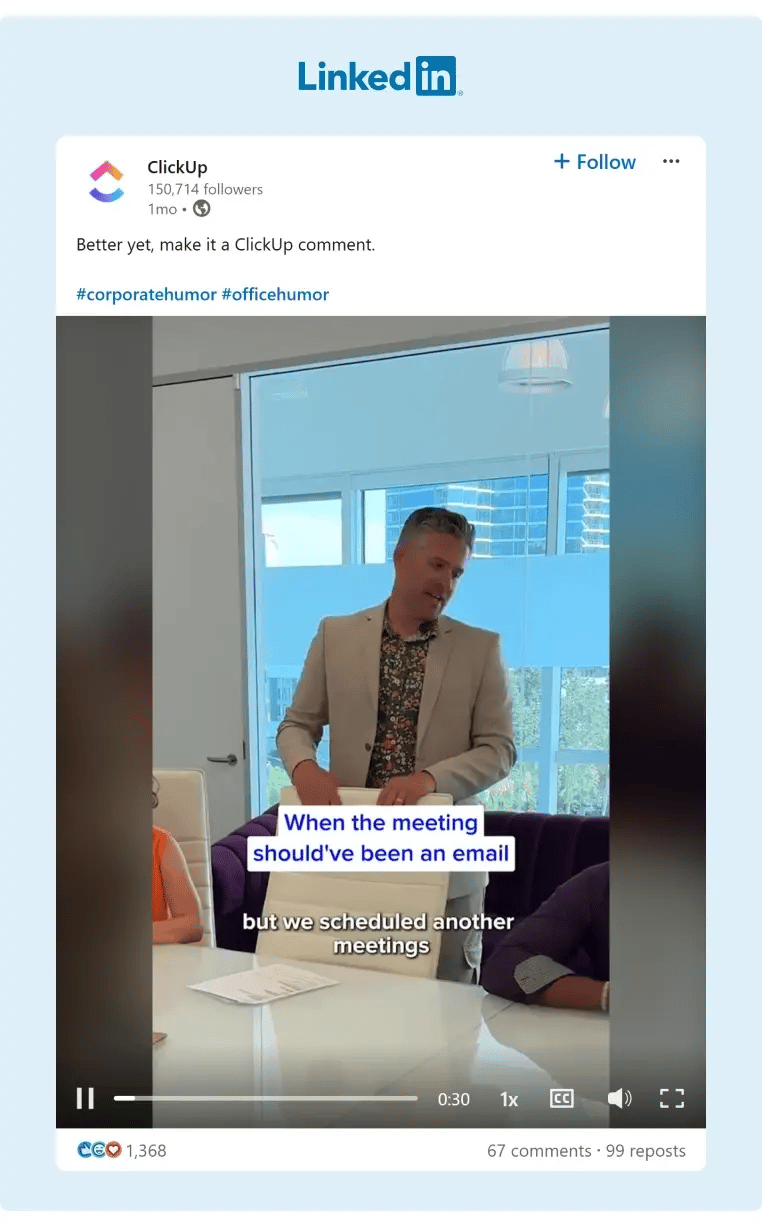 A hilarious video shared by ClickUp about meetings that should have been an email