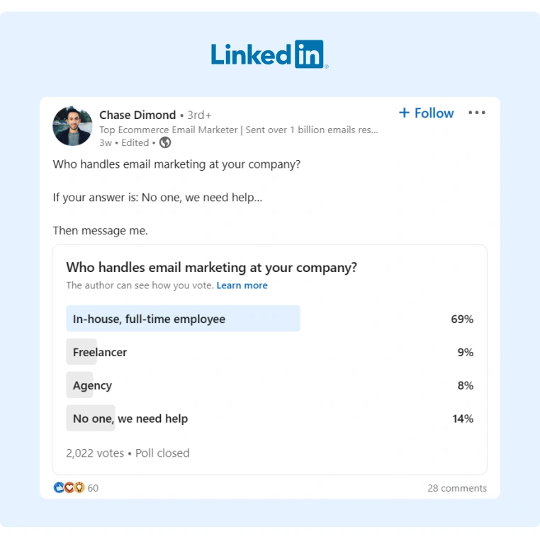 A marketer posted on his LinkedIn profile a poll about who takes ownership of Email Marketing at his audiences companies