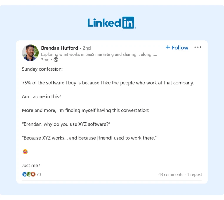 A marketer shared on LinkedIn that his approach when buying a new software is based on recommendations from his connections