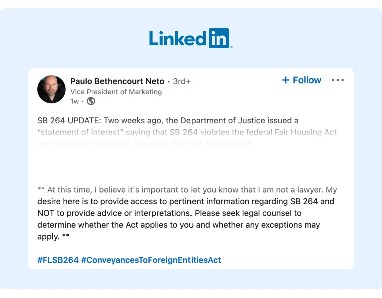 A political view from a VP of Marketing where he clarifies that he is only sharing information as an individual and promoted seeking legal counsel if needed