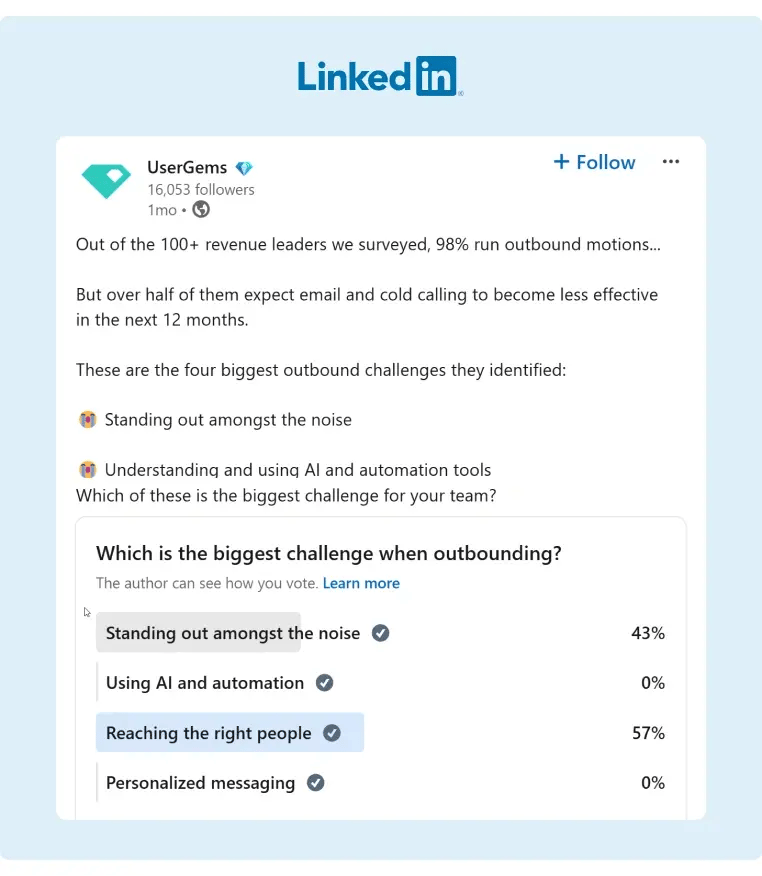 A poll created by UserGems related to outbound reach efforts