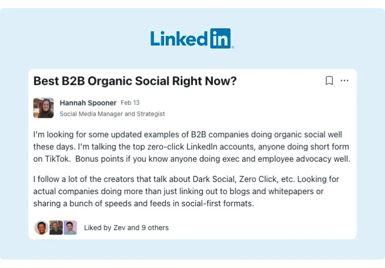 A post from ExitFive community about B2B Organic Social