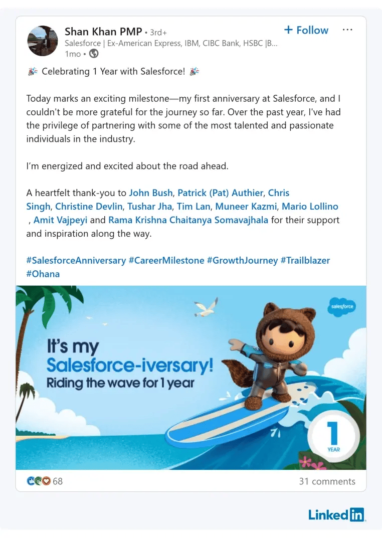 A post from a Salesforce employee celebrating their first year within the company