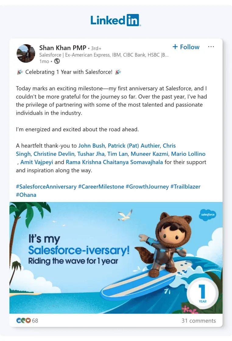 A post from a Salesforce employee celebrating their first year within the company