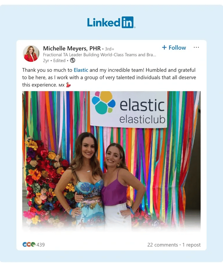 A post from an Elastic employee sharing how proud she is to be part of the company