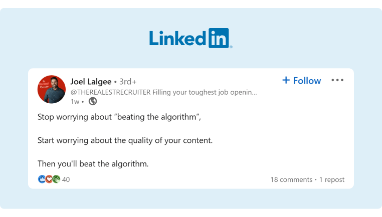 A post on LinkedIn advising content creators to focus on the quality of their content