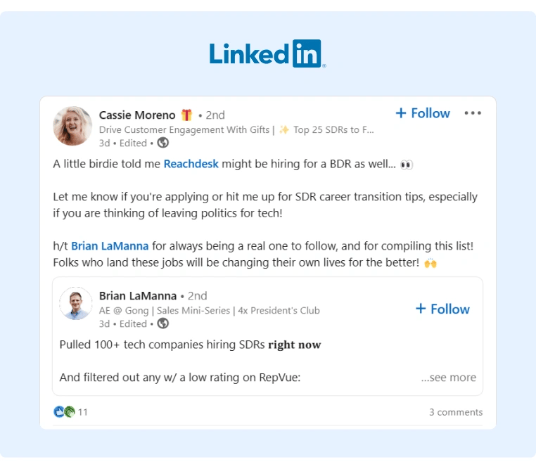 A post on LinkedIn compiled a list of companies hiring for a specific position which prompted one of his followers to reshare the post and advocate for her company