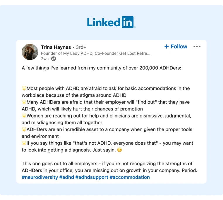 A post on LinkedIn describing some facts from people with ADHD and how they face some stigmas on a day to day basis