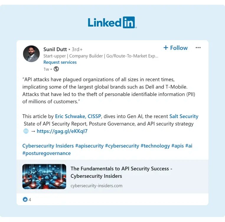 A post on LinkedIn related to API and Cybersecurity Strategies