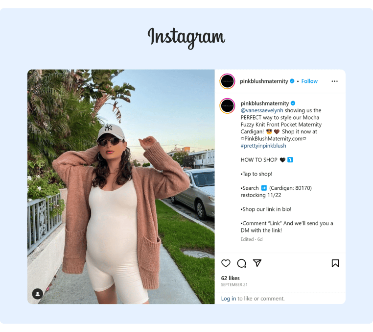 A pregnant influencer collaborated with Pink Blush by wearing their maternity cardigan for a photo