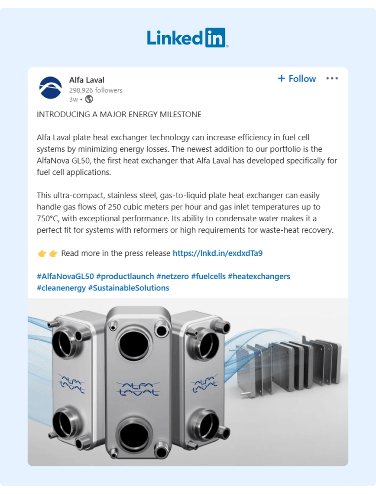 A product sneak peak from Alfa Laval that they shared on LinkedIn driving their audience to check their brand page