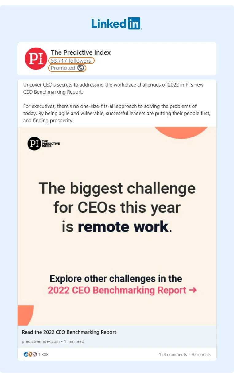 A promoted LinkedIn post from The Predictive Index about their 2022 CEO Benchmarking Report and the workplace challenges