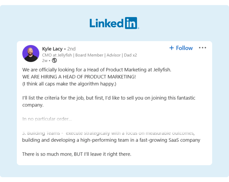 A recruiting post from the CMO at Jellyfish that includes a full description of the job and its benefits