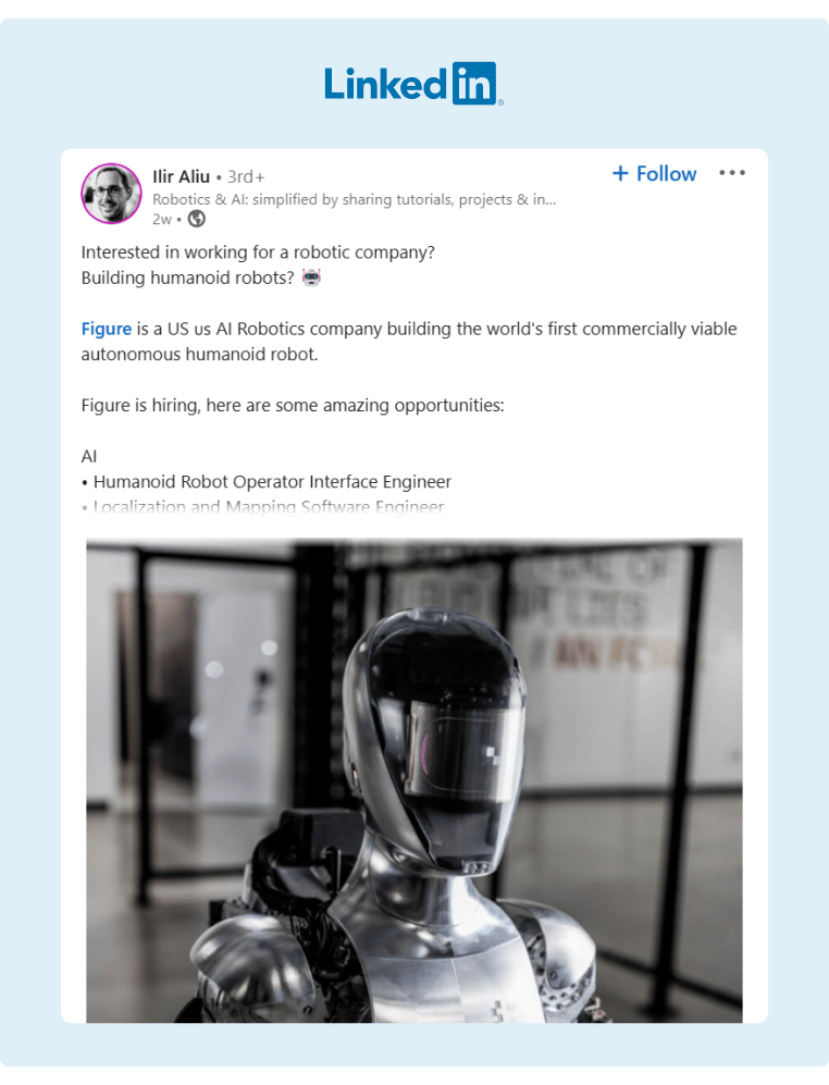 A robotics influencer posted about the open positions available at AI Robotics company Figure