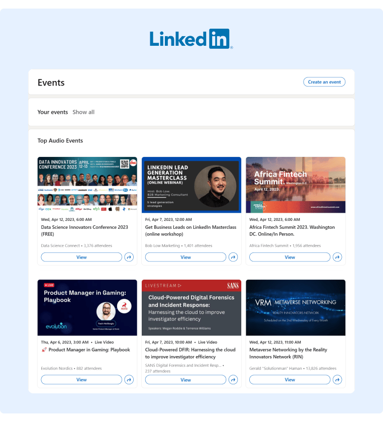 A screenshot from LinkedIn Events section displaying the top events available for your profile