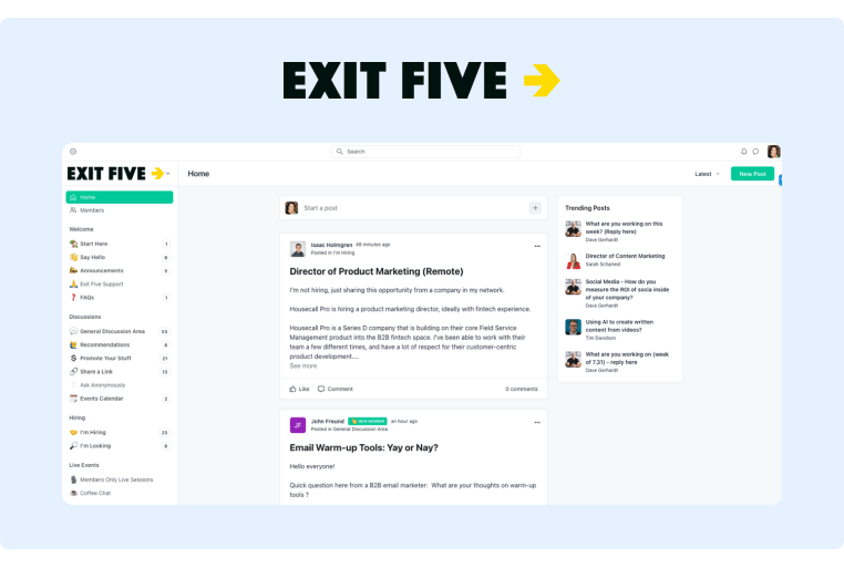 A screenshot from a digital community for marketers called Exit Five