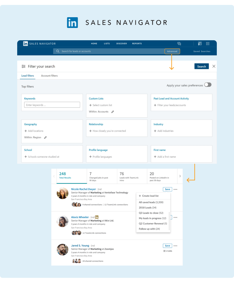 A screenshot of LinkedIn Sales Navigator search feature and Lead filters