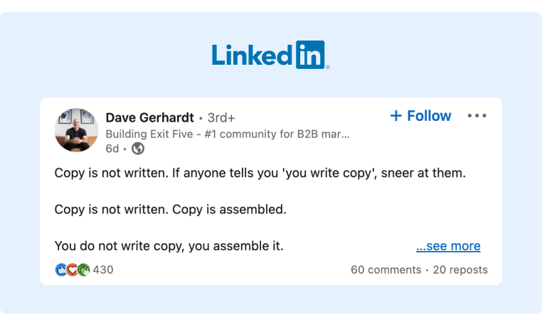 A screenshot of a lenghty LinkedIn post that is written in a captivating manner so that it captures the esence while also moving the reader to click in See More