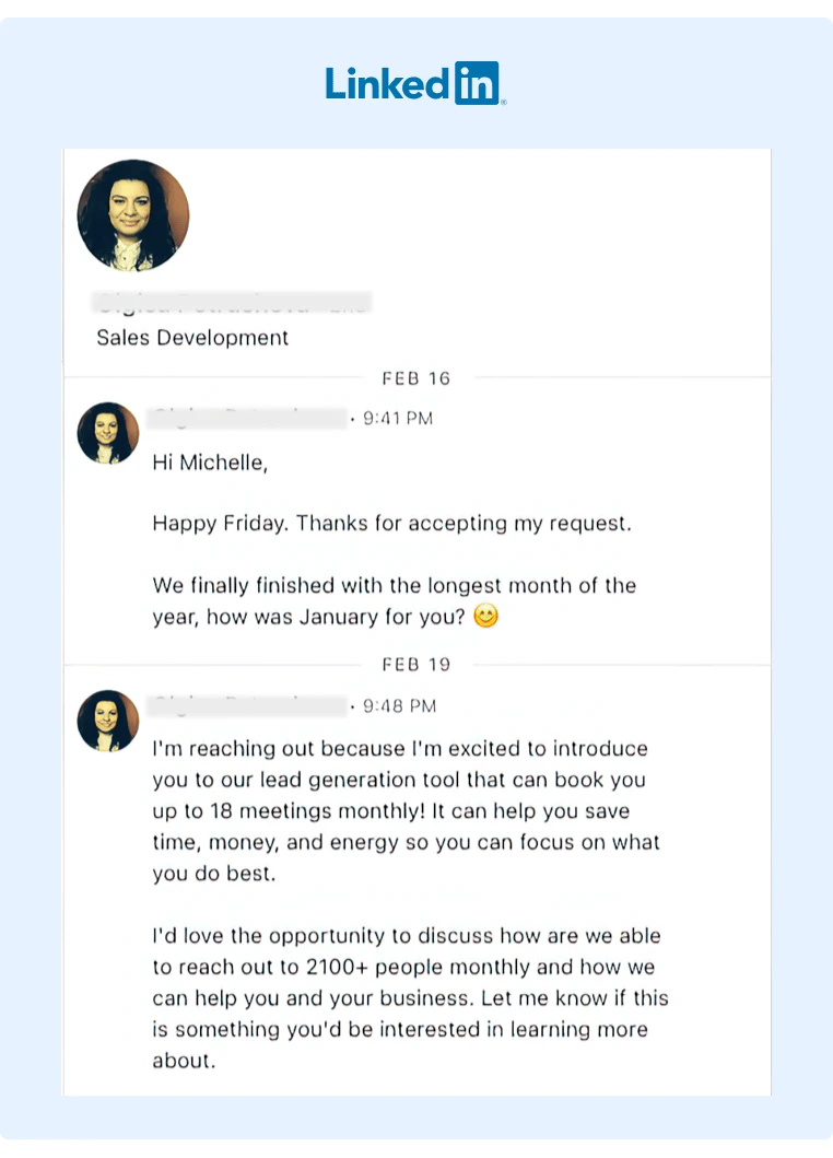 A screenshot of a personalized Direct Message sent to Michelle to promote a lead generation tool