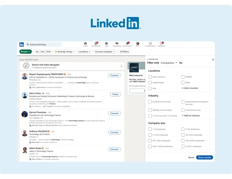 A screenshot of how LinkedIn advanced search filters can be used