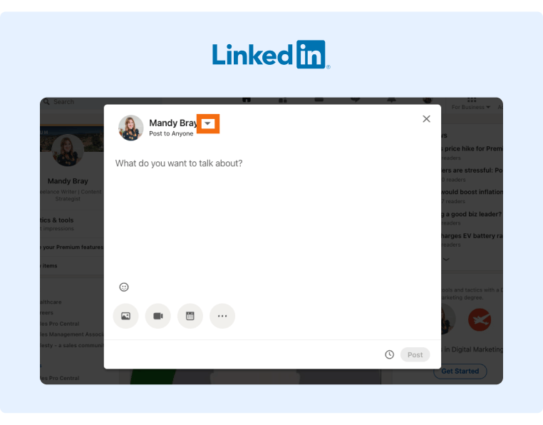 A screenshot showing where you can change the audience when creating a post on LinkedIn