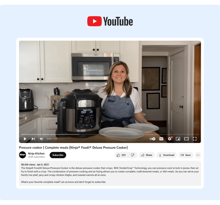 A short YouTube video from Ninja Kitchen showcasing their Ninja Pressure Cooker features where they also include a brief description of said product