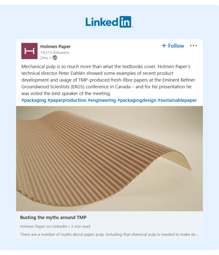 A technical article post on LinkedIn from Holmen Paper about the usage of TMP describing the advantages of the product and announcing they will be using this material