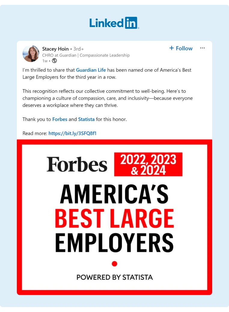 A top executive at Guardian celebrates that the company has been recognized as one of the Best Employers in America