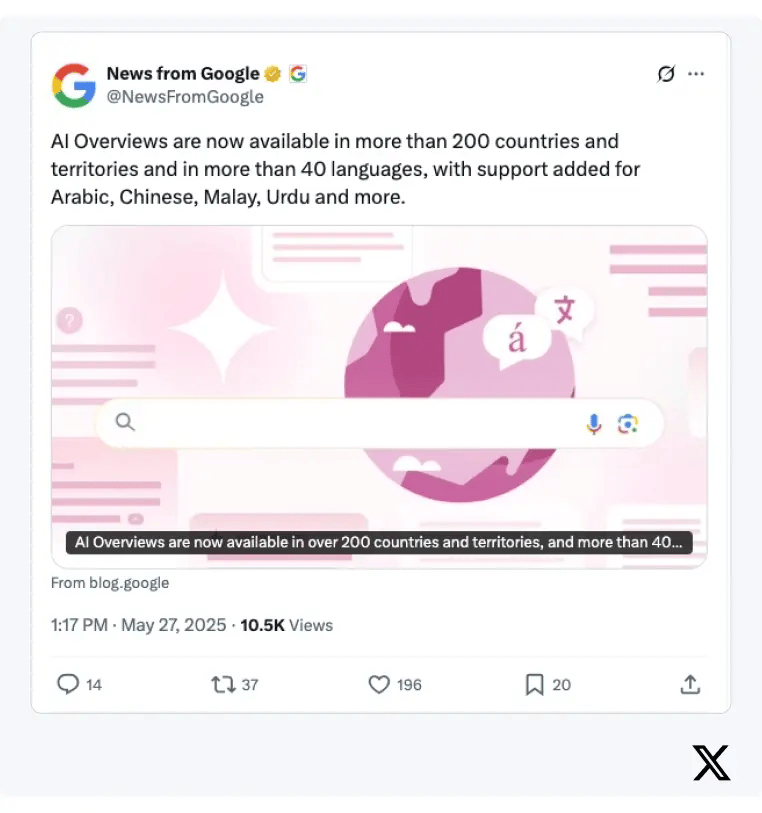 A tweet from Google News account announcing AI overviews