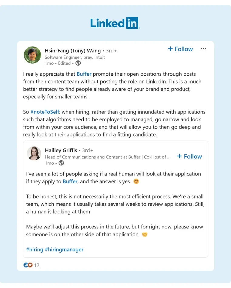 A user giving props to Buffer for promoting open positions by using LinkedIn posts and manually checking applications