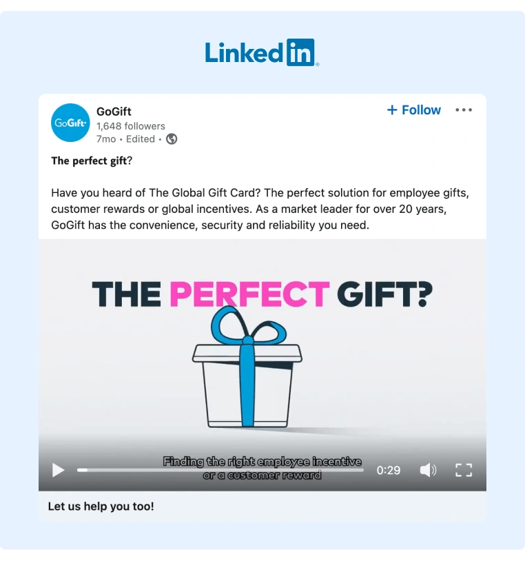 A video posted on LinkedIn by GoGift where the promote their business captivating their audience through visual representation